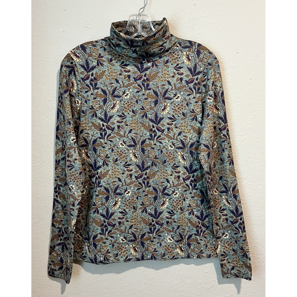 NWOT Peruvian Connection Turtleneck Size Small Floral Leaf Winter Vine Blue